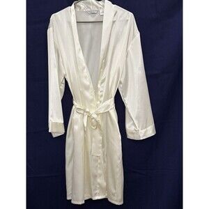 EUC VTG 80s Bridalcore Satin Peignoir Robe With Tie Ivory Lounge 42/44 (L-XL)